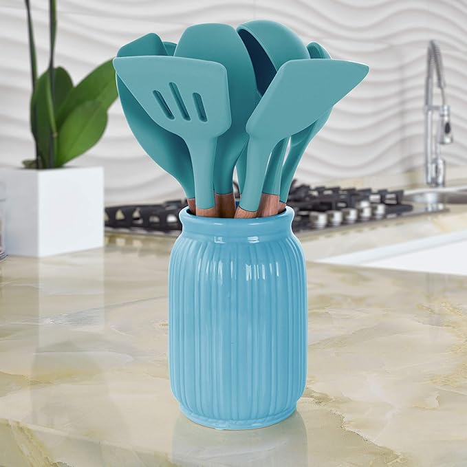 Megachef Tool Cookware Utensil Set with Ceramic Holder 9 Piece Light Teal and Wood Texture