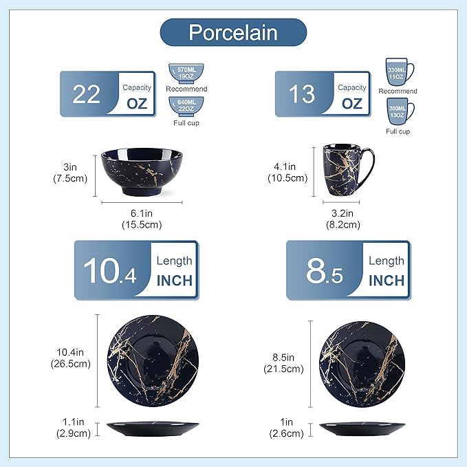 LOVECASA Porcelain Dinnerware Sets for 4 16 PCS Plates and Bowls Set Color Glaze with Gold Plate Dish Set Dinner Sets with Dinner Plates Dessert Plate Bowls and Mugs Dark Blue