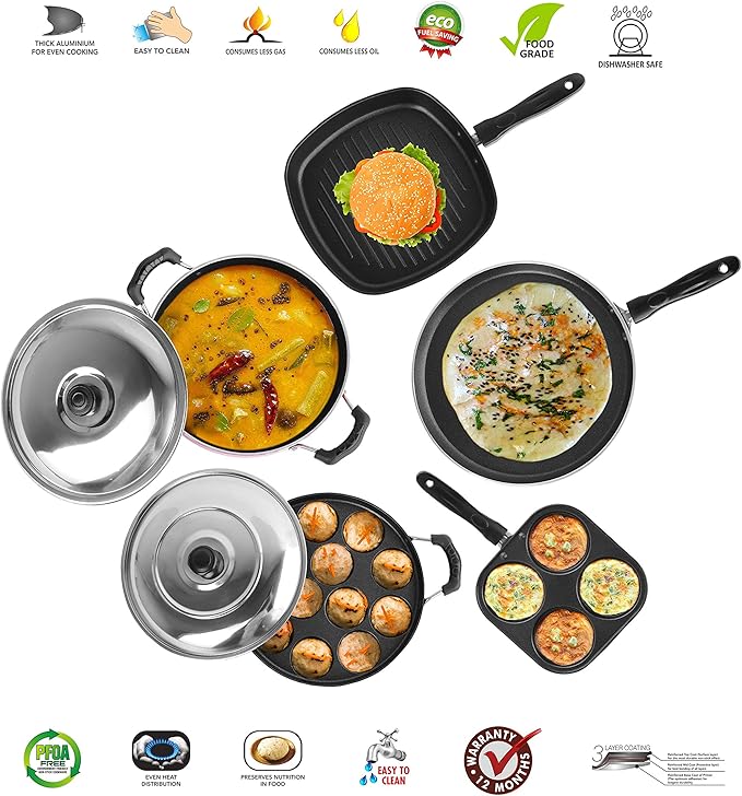 SUMEET Aluminium 2.6mm Thick Non-Stick Dearg Cookware Set (Red Dosa Tawa 26.5cm Dia Mini Multi Snack Maker 19.5cm Dia Kadhai with Lid 1.5Ltr Grill Appam Patra with Lid 23cm Dia Grill Pan 1.1Ltr)