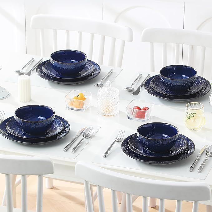 MALACASA 12 Pieces Dinnerware Sets Modern Plates and Bowls Sets Blue Dish Set for 4 Kitchen Ceramic Dinner Plates Dishware Set Microwave and Dishwasher Safe Series LYDIA
