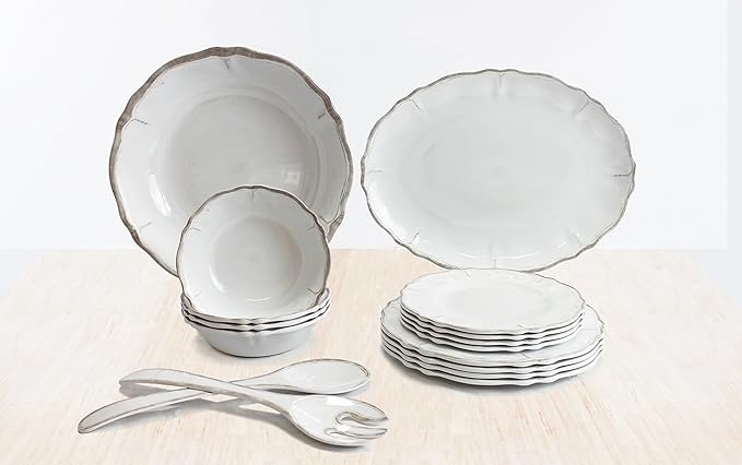 Le Cadeaux 16 Piece Luxury Melamine Dinnerware Set Service for 4 (Rustica Antique White)
