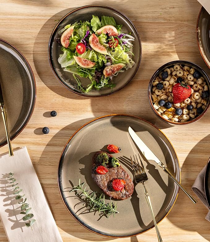 TheTerra Ceramic Dinnerware Sets for 4 12 Pieces Handmade Reactive Glaze Plates and Bowls Set Scratch Resistant Dish Set Oven &amp Microwave &amp Dishwasher Safe