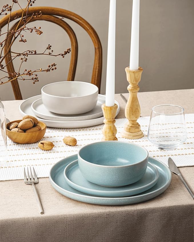 Famiware Milkyway Plates and Bowls Sets 12 Pieces Dinnerware Sets Reactive Glaze Dish Set Stoneware Dishes Set for 4 Matte Beige White &amp Light Blue
