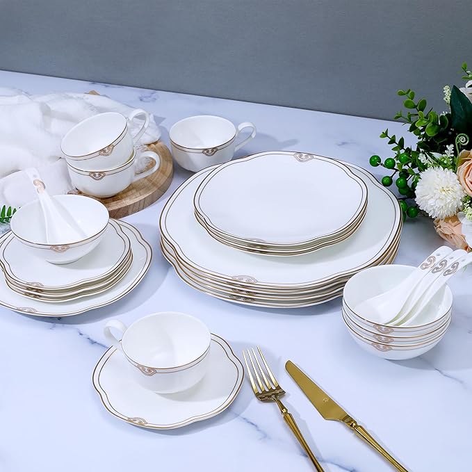 24 Piece White Porcelain DinnerwareBone china Set for 4Plates and Bowls Sets With Double Gold Rim Highly Chip and Crack Resistant | Dishwasher Safe Dishes Set (White &amp Double Gold Rim)