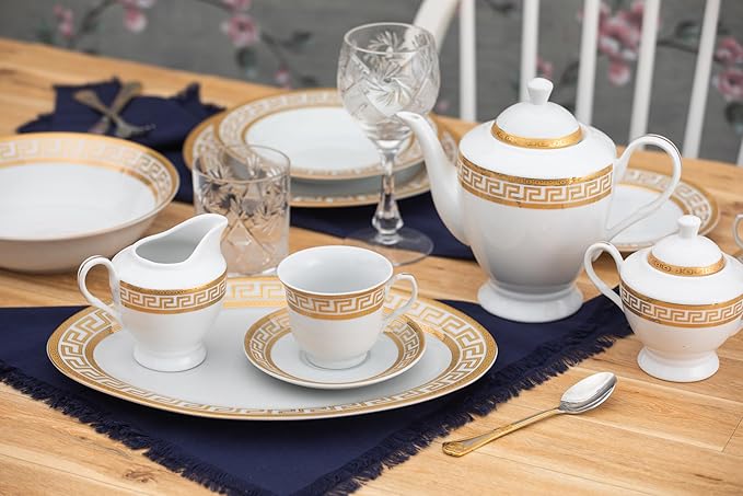 Dinnerware Set in Gold and White Fine Porcelain for Every Day or Formal Occasions Tableware Setting 57 Pieces Service for 8