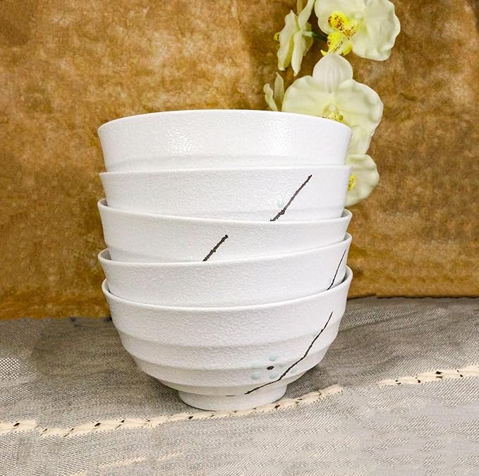 Ebros Gift Modern Yukino Hana Snow Flowers Ceramic Dinnerware Serveware Kitchenware Set Oriental Asian Restaurant Supply (Pack Of 5 Medium Soup Salad Rice Bowls 24oz)