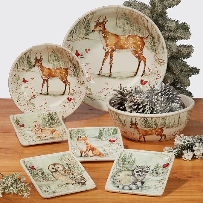 Winter’s Walk 16-Piece Ceramic Dinnerware Set Service for 4 – Bring woodland charm to your table with foxes owls and deer in a serene snowy forest design perfect for cozy winter gatherings