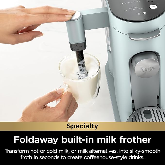 Ninja Pods &amp Grounds Specialty Single-Serve Coffee Maker Compatible with K-Cups Built-In Milk Frother 6-oz. Cup to 24-oz. Travel Mug Sizes Iced Coffee Maker Glacier Blue PB051GB (Renewed)