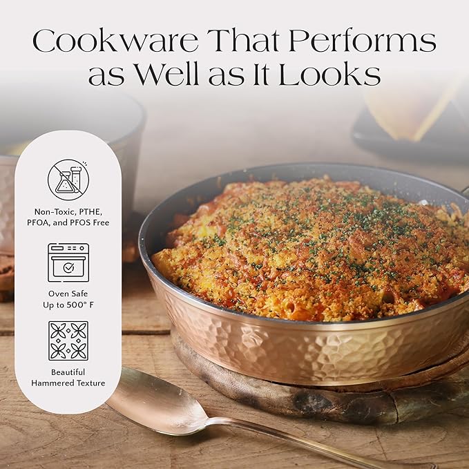 Luxurious Non-Stick Ceramic 16 Piece Rose Gold Cookware Set with Glass LidsLightweight Scratch-Resistant Dishwasher Safe Oven Safe up to 500°F Suitable for All Stove Types