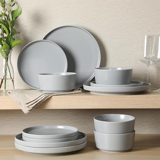 Gibson Home Dempsey Road 12-Piece Stoneware Dinnerware Set – Service for 4 Round Grey Plates and Bowls Durable Solid Color Modern Embossed Dish Set Microwave &amp Dishwasher Safe