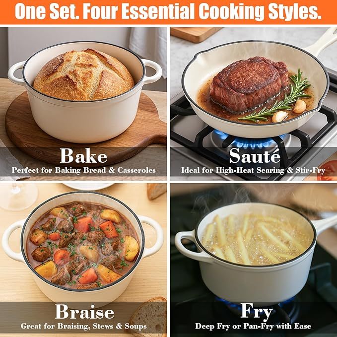 QuliMetal Nonstick Enameled Cast Iron Cookware Set 5 Pcs Pots and Pans with Lid Skillet Frying Pan Saucepan &amp Dutch Oven for All Stovetops PFA Free - Ideal for Sourdough Bread Baking