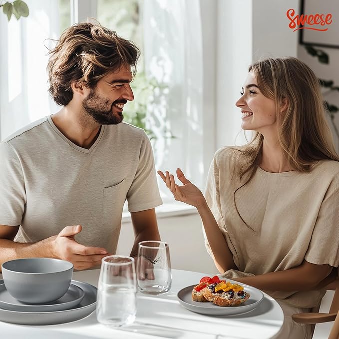 Sweese Dinnerware Sets12 Pieces Porcelain Round Plates and Bowls Sets Dishes Set for 4 Chip Scratch Dishwasher Microwave and Oven Safe Dishware Sets Grey