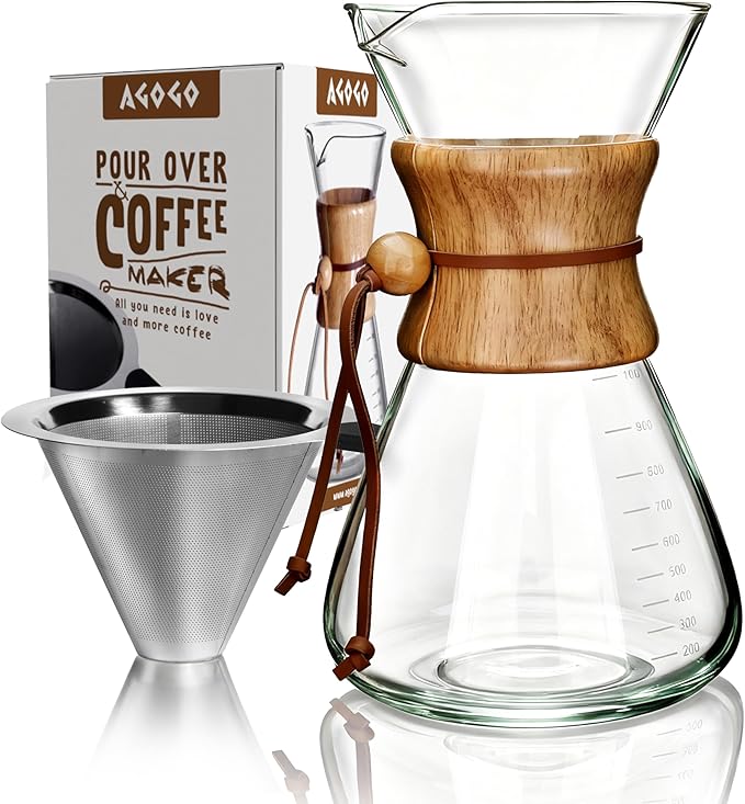 AGOGO Pour Over Coffee Maker Glass - 10 Cup Barista Kit with 304 Stainless Filter for Home Office Camping Cafes - Easy Clean Coffee Dripper Set (Soft Towel&ampBrush Included) (10 Cup/34 oz-Slim Sh