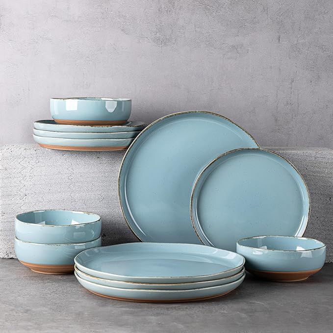 AmorArc Ceramic Dinnerware Sets for 4 12 Pieces Handpainted Plates and Bowls Set with Rustic Terracotta Underside Scratch Resistant Stoneware Dishes Set Dishwasher &amp Microwave Safe