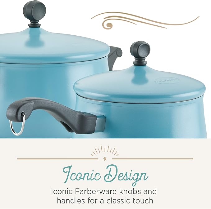 Farberware 120 Limited Edition Stainless Steel Cookware Pots and Pans Set with Prestige Kitchen Tools 10 Piece Aqua Blue