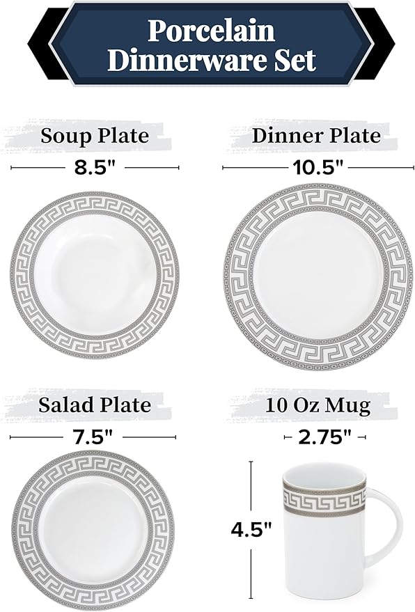 Porcelain Dinnerware Set for 1 - White and Silver Luxurious 4 Piece Greek Key Design - Elegant Dinner Plates with Mugs - Dining Kitchenware for Home Formal Occasions and Everyday Dishes
