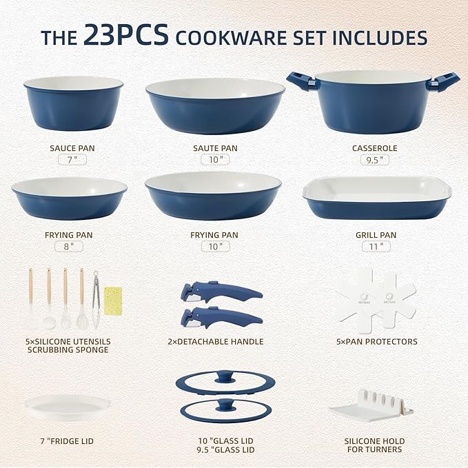 23pcs Ceramic Pots and Pans Set Nonstick Detachable Handle Cookware Induction Kitchen Cooking Set with Removable Handleinclude Frying Pans &amp Saucepans Oven Safe(Blue)