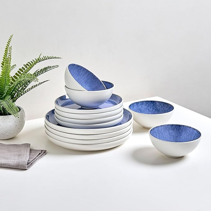 Sango 12-Piece Stoneware Dinnerware Set for 4 Light Blue Reactive Glaze on White Plates and Bowls Sets Kitchen Ceramic Dish Set Modern Dishes for Everyday Dining Microwave &amp Dishwasher Safe C
