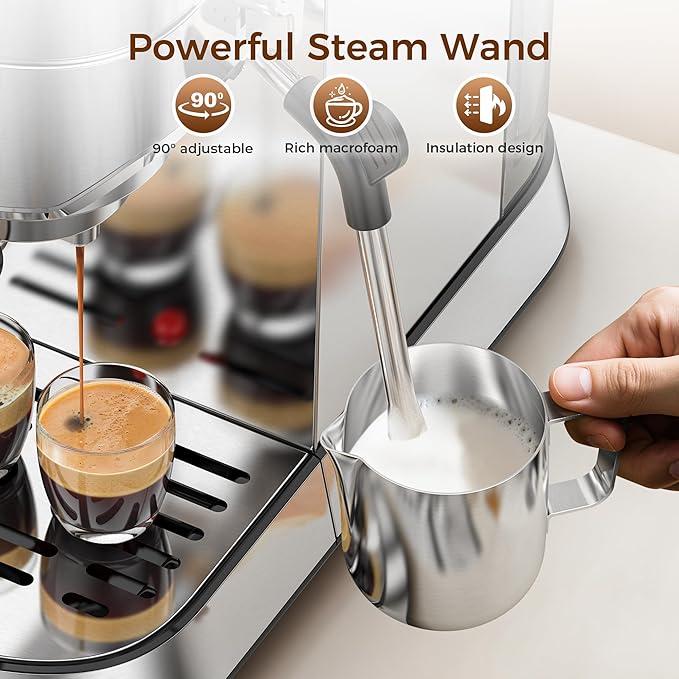 Kndko Espresso Machine 20 Bar Espresso Maker with Milk Frother Compact Stainless Steel Coffee Machine with 34oz Removable Water Tank for Cappuccino Latte