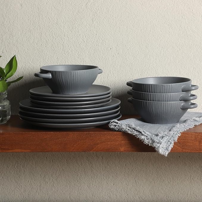 Gibson Elite Clover Hill 12-Piece Stoneware Dinnerware Set – Dark Blue Embossed Plates and Bowls with Matte Speckled Reactive Glaze Service for 4 – Microwave &amp Dishwasher Safe