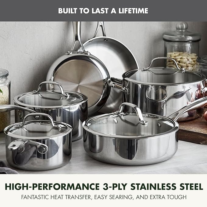 GreenPan Valencia Pro Tri-Ply Stainless Steel 10 Piece Cookware Set Induction Ready Pots &amp Pans Mirror Finish Dishwasher &amp Oven/Broiler Safe to 600F Compatible with All Cooktops