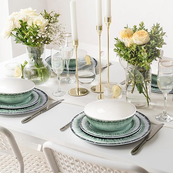 AELS Melamine Dinnerware Set of 12 Pcs Dinner Dishes Set for Indoor and Outdoor Use Dishwasher Safe Lightweight Unbreakable BPA Free Sage Green