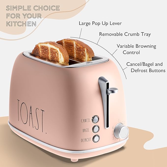 Rae Dunn Retro Rounded Bread Toaster 2 Slice Stainless Steel Toaster with Removable Crumb Tray Wide Slot with 6 Browning Levels Bagel Defrost and Cancel Options Blush
