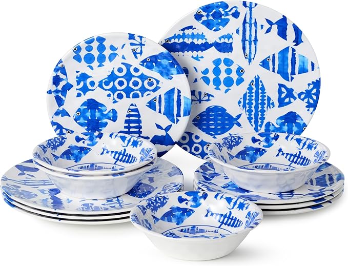 Fish Tale 12 Pc. MELAMINE DINNERWARE SET SERVICE for 4 – Cobalt Blue Fish School Outdoor Plates Bowls Shatterproof Coastal Dining Poolside Patio Entertaining Mediterranean Dreams for Every Meal