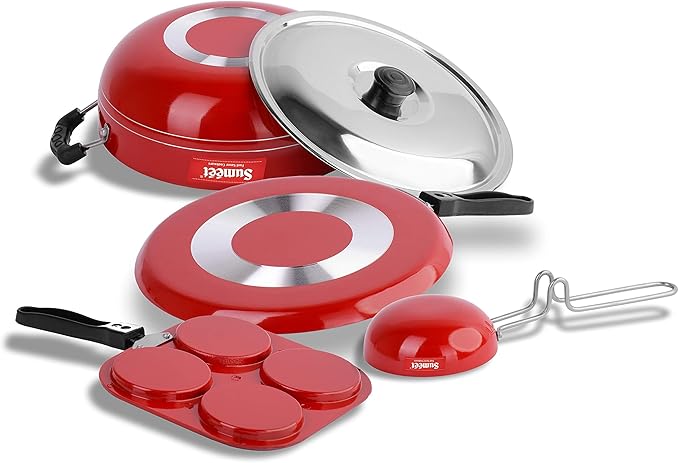 Sumeet 2.6mm Thick Non-Stick Rudh Cookware set (Dosa Tawa – 26.5cm Dia + Mini Multi Snack Maker – 19.5cm Dia + Kadhai With Lid – 1.5Ltr capacity- 20cm Dia + Tadka Pan – 10cm Dia)