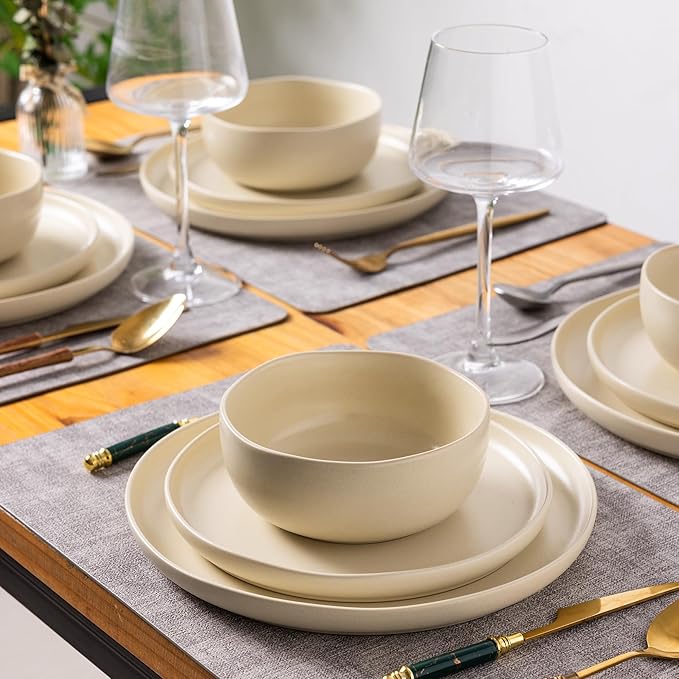 AmorArc Ceramic Dinnerware Sets Wavy Rim Stoneware Plates and Bowls SetsDishwasher &amp Microwave &amp Oven Safe Dishes set Service for 4 (12pc)