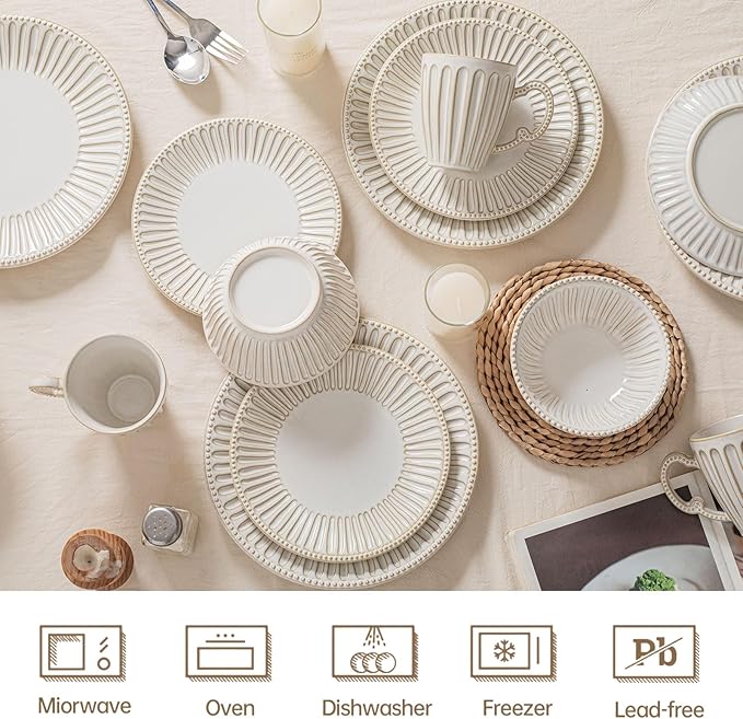 Dinnerware Set for 4 Ceramic Plates Bowls and Mugs Dishwasher &amp Microwave Safe Ideal for Family Dinners Parties and Everyday Use White (16-Piece)