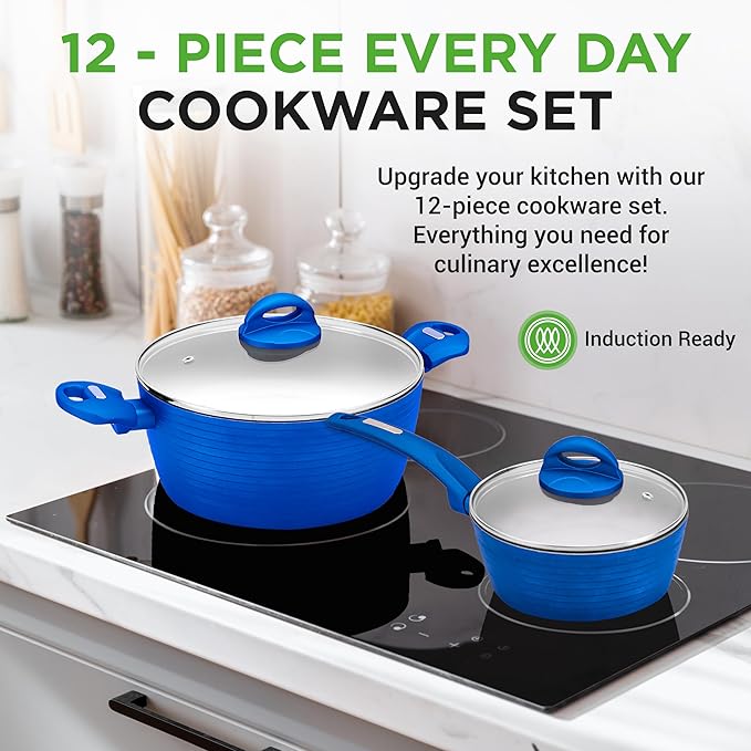 NutriChef 12-Pc Blue Nonstick Cookware Set - Professional Pots &amp Pans with Durable Coating All Cooktops Compatible Including Induction