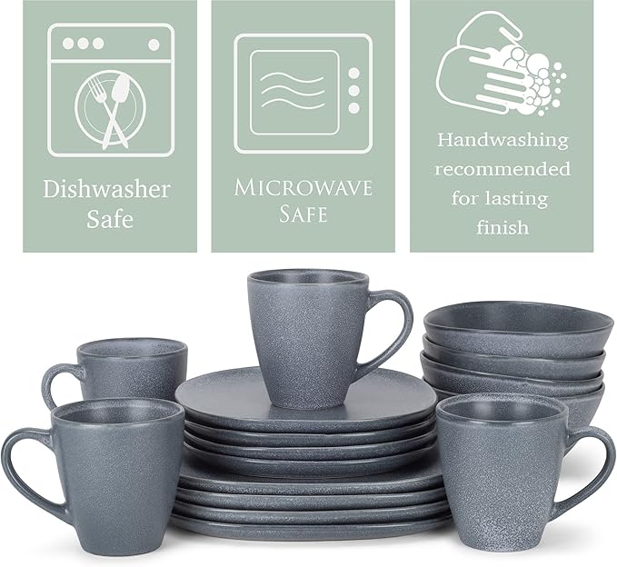 Elanze Designs 16-Piece Modern Luxury Chic Smooth Vintage Handmade Shape Matte Finish Ceramic Stoneware Square Plate Mug &amp Bowl Kitchen Dinnerware 16 Piece Set - Service for 4 Dove Grey