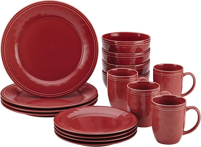 Rachael Ray Cucina Dinnerware 16-Piece Stoneware Dinnerware Set Cranberry Red