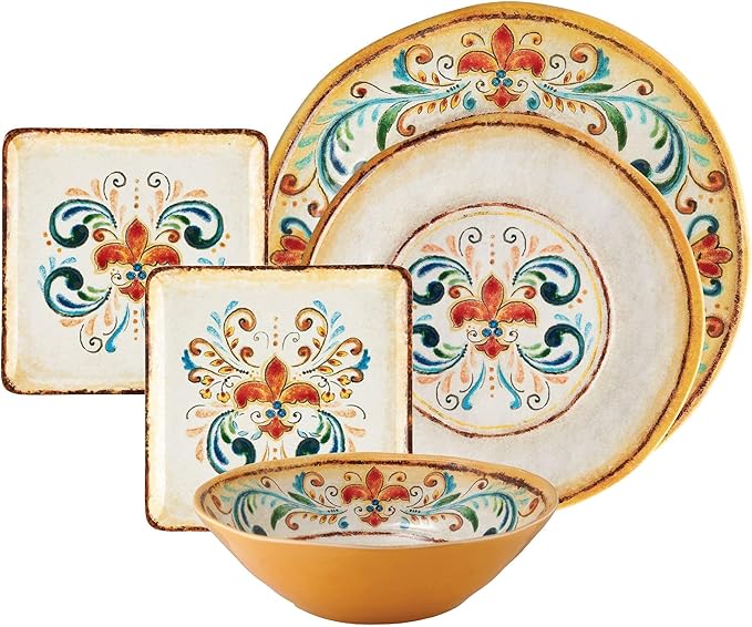 UPware 16 Piece Tuscany Melamine Dinnerware Sets Outdoor Dishes Set Plates and Bowls Sets Service for 4 Multicolor