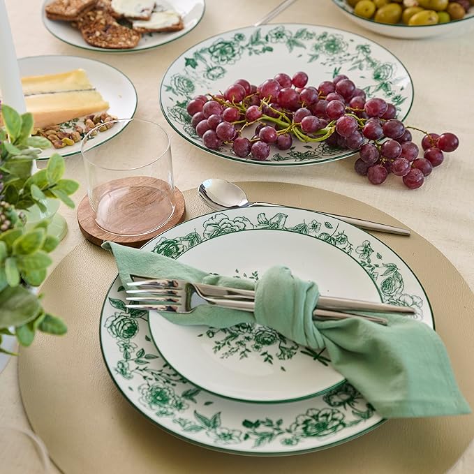Stone Lain Esme 12-Piece Dinnerware Set Porcelain Plates and Bowls Set Dish Set for 4 Microwave and Dishwasher Safe Green