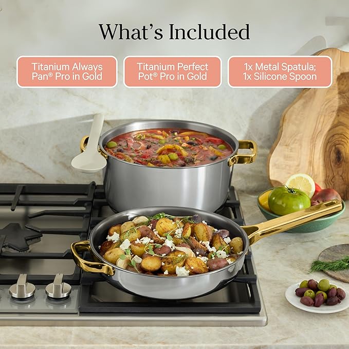 Our Place Titanium Pro Cookware Duo | 6-Piece Tri-Ply Titanium Cookware Set with Always Pan Pro &amp Perfect Pot Pro | Non-Toxic No-Coating Nonstick | Induction &amp Oven-Safe up to 750°F | Gold