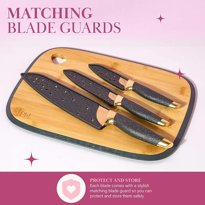 Paris Hilton Reversible Bamboo Cutting Board and Cutlery Set with Matching High Carbon Stainless Steel Knives Blade Guards Sleek Yet Comfortable Handle Grips 7-Piece Set Gold Charcoal Gray