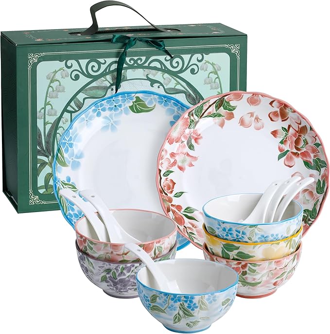 White &amp Blue Floral Porcelain Dinnerware Set 14-Piece Plates &amp Bowls Sets Microwave &amp Dishwasher Safe Elegant Gift Packaging