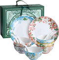 White &amp Blue Floral Porcelain Dinnerware Set 14-Piece Plates &amp Bowls Sets Microwave &amp Dishwasher Safe Elegant Gift Packaging