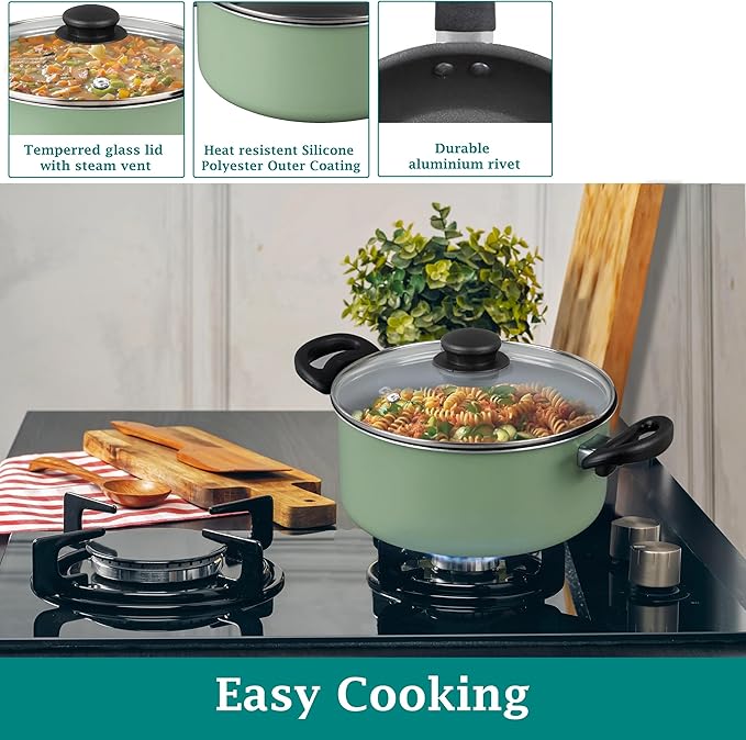 7-Piece Aluminum Cookware Set Nonstick Pots and Pans Green