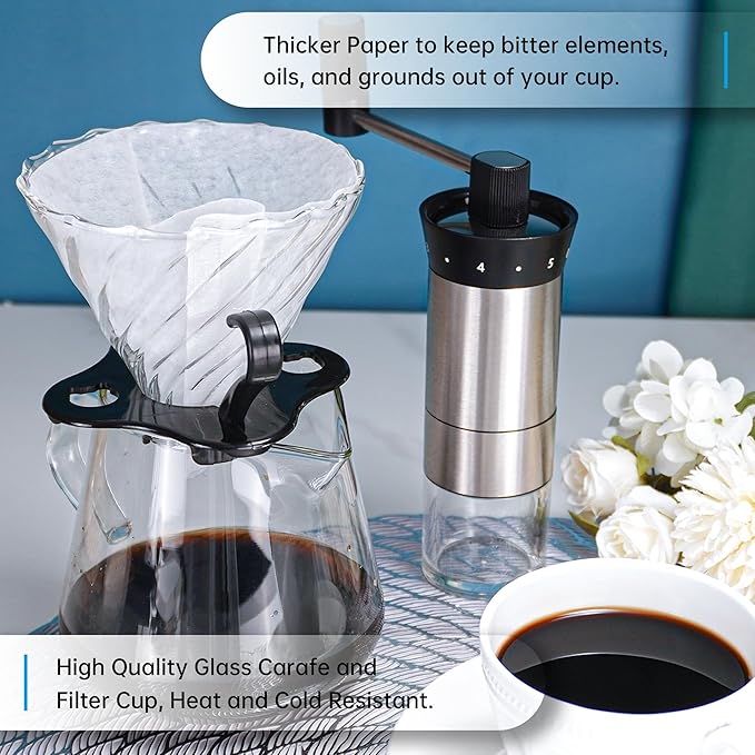 SuperCook Hand Drip Pour Over Coffee Set All in One Includes Gooseneck Kettle V60 Glass Dripper Paper Filter Cups Manual Grinder Scale Ideal for Anniversary Birthday Gift
