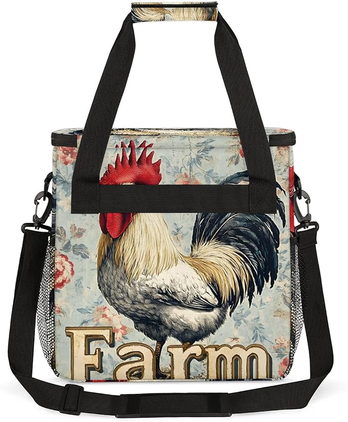 Roosters And Chickens Coffee Maker Travel Bag Flower Insulated Grocery Bag Travel Picnic Leakproof Cooler Bags With Shoulder Strap