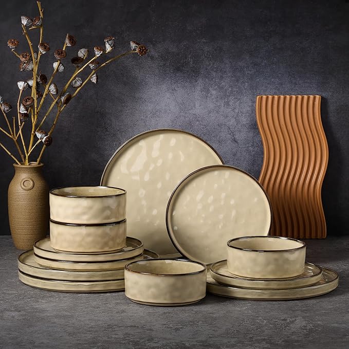 Vesteel Dinnerware Sets 12-Piece Stoneware Plates and Bowls Set Dishes Set for 4 Elegant Ceramic Dinnerware for Home Restaurant - Khaki