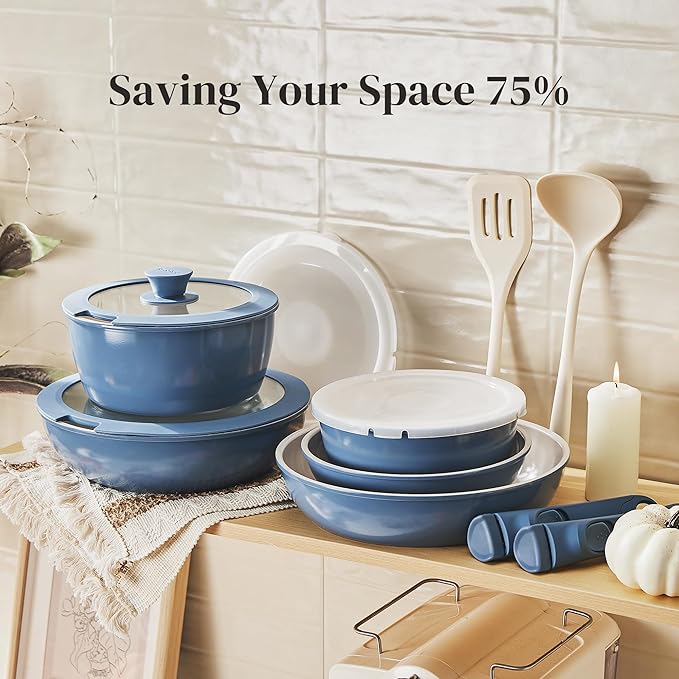 Redchef 16pcs Ceramic Nonstick Pots and Pans Set Kitchen Cookware Set with Removable Handle Non Toxic Cookware Set PFAS PFOA &amp PTFE Free RV Ceramic Cookware for Camping Dishwasher/Oven Safe
