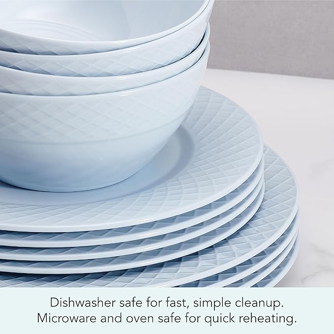 Mikasa Trellis Pastel Bone China Lightweight Chip Resistant 12 Piece Dinnerware Set Service for 4 Misty Blue