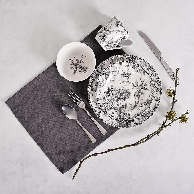 222 Fifth Adelaide 16-Piece Black Porcelain Dinnerware Set – Service for 4 Featuring Hand-Applied Romantic Woodland Bird Design Everyday Big Dinner Plates and Bowls Sets Microwave &amp Dishwasher