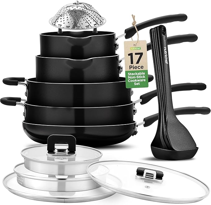 NutriChef 17pcs Black Stackable Pots and Pans Set Nonstick Induction Cookware Space Saving Cookware Easy Clean Ideal For RV and Camper Includes a Foldable Steamer Basket and Cooking Utensils