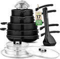 NutriChef 17pcs Black Stackable Pots and Pans Set Nonstick Induction Cookware Space Saving Cookware Easy Clean Ideal For RV and Camper Includes a Foldable Steamer Basket and Cooking Utensils