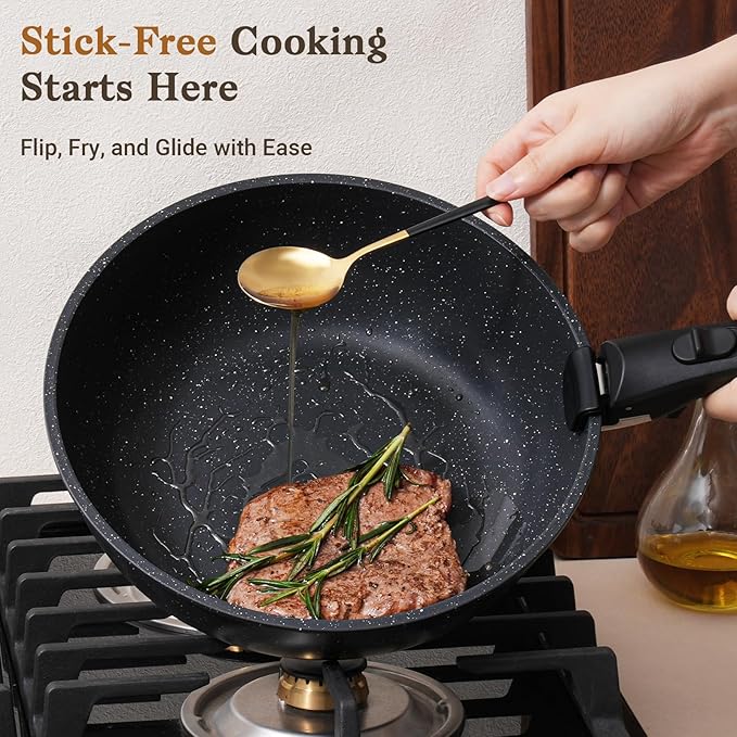 15Pcs Pots and Pans Set Non Stick Cookware Sets with Detachable Handle Nonstick RV Kitchen Cooking Tools Removable Handles Oven Safe Induction Fast Stackable Induction CookwareBlack